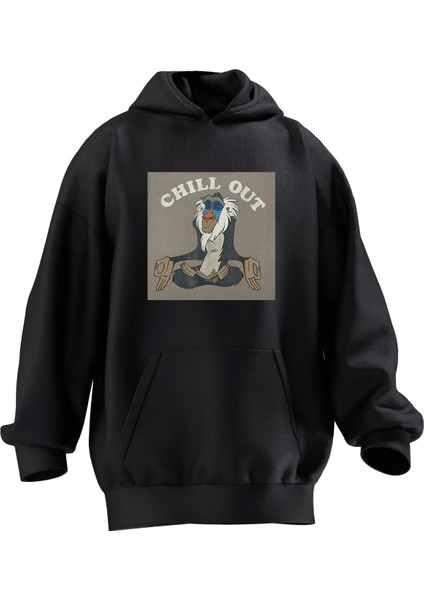 Unisex Premium Pamuk Siyah Chill Out Baskılı 3 Iplik Kapüşonlu Sweatshirt