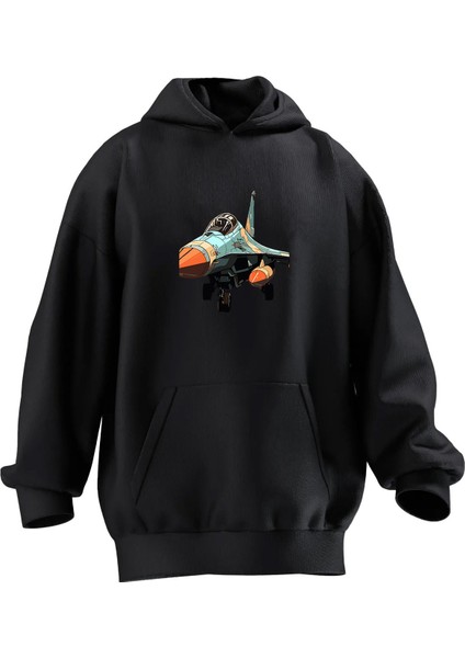 Unisex Premium Pamuk Siyah F16 Baskılı 3 Iplik Kapüşonlu Sweatshirt