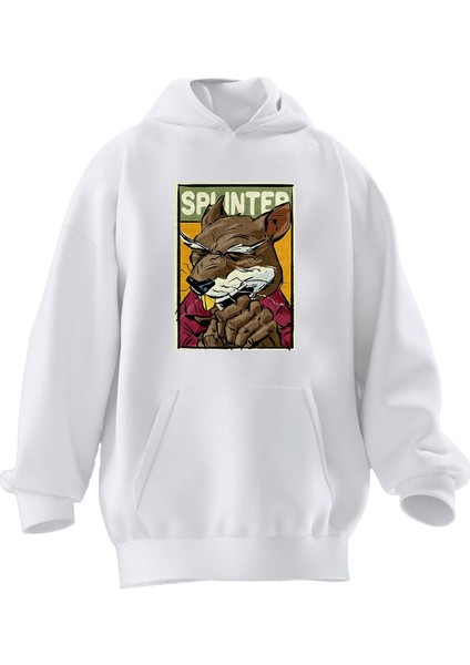Unisex Premium Pamuk Beyaz Splinter Usta Poster Baskılı 3 Iplik Kapüşonlu Sweatshirt