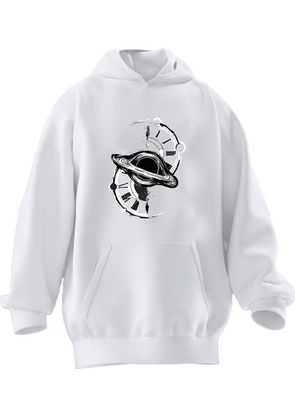 Unisex Premium Pamuk Beyaz Uzay Gemisi Zaman Baskılı 3 Iplik Kapüşonlu Sweatshirt