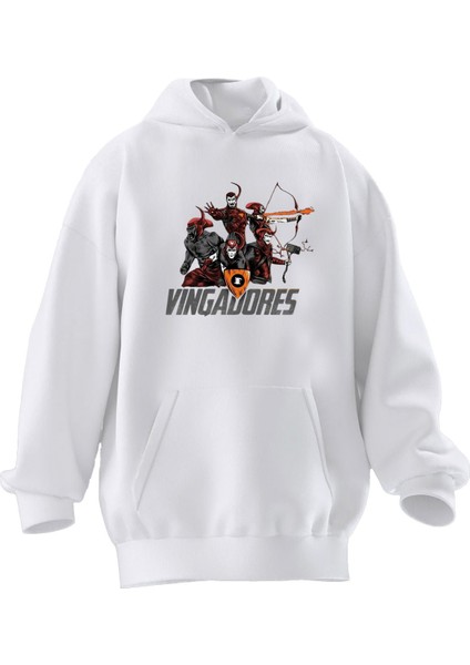Unisex Premium Pamuk Beyaz Vingodores Baskılı 3 Iplik Kapüşonlu Sweatshirt