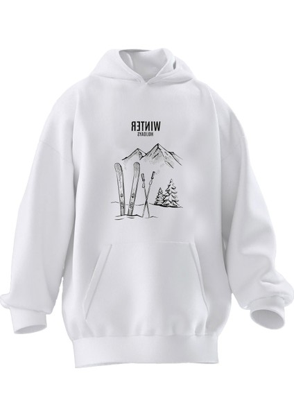 Unisex Premium Pamuk Beyaz Winter Baskılı 3 Iplik Kapüşonlu Sweatshirt