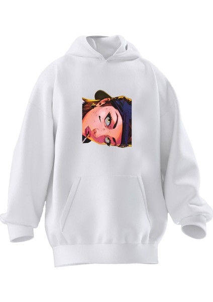 Unisex Premium Pamuk Beyaz Yan Bakan Kız Baskılı 3 Iplik Kapüşonlu Sweatshirt