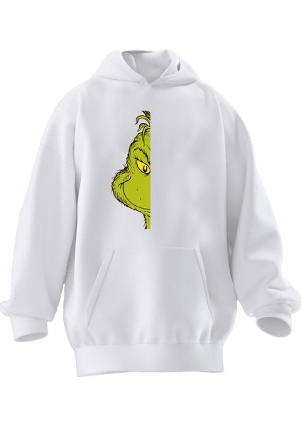 Unisex Premium Pamuk Beyaz Yeşil Kurbağa Yarım Baskılı 3 Iplik Kapüşonlu Sweatshirt