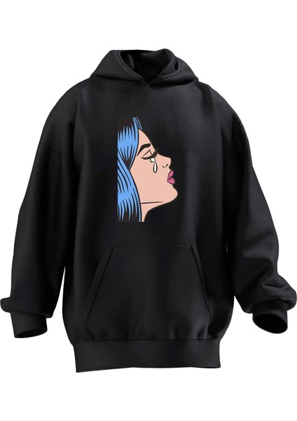 Unisex Premium Pamuk Siyah Ağlayan Mavi Saçlı Kız Baskılı 3 Iplik Kapüşonlu Sweatshirt