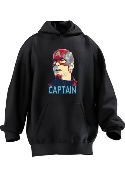 Unisex Premium Pamuk Siyah Captain Amerika Silik Baskılı 3 Iplik Kapüşonlu Sweatshirt