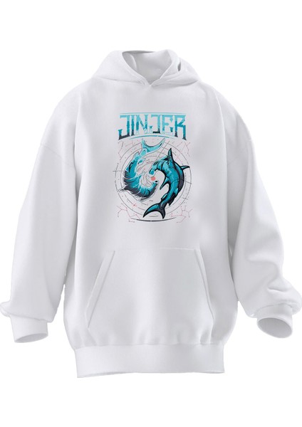 Unisex Premium Pamuk Beyaz Jinjer Köpek Balığı Baskılı 3 Iplik Kapüşonlu Sweatshirt