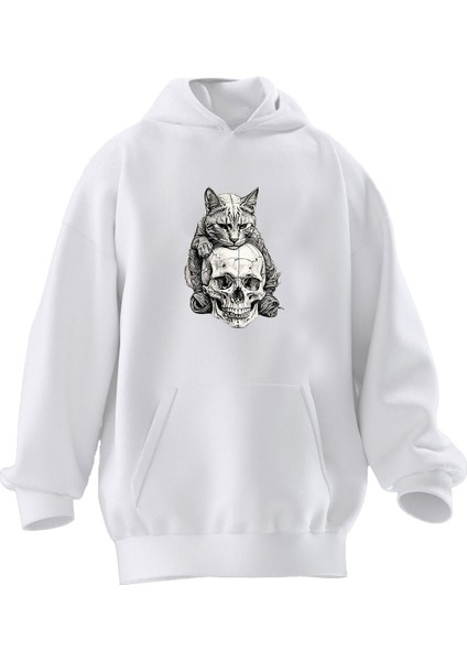 Unisex Premium Pamuk Beyaz Kedi Kurukafa Baskılı 3 Iplik Kapüşonlu Sweatshirt