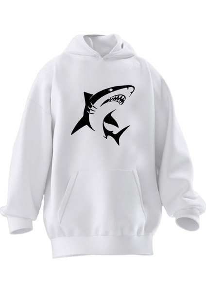 Unisex Premium Pamuk Beyaz Köpek Balığı Baskılı 3 Iplik Kapüşonlu Sweatshirt