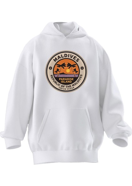 Unisex Premium Pamuk Beyaz Maldives Desen Baskılı 3 Iplik Kapüşonlu Sweatshirt