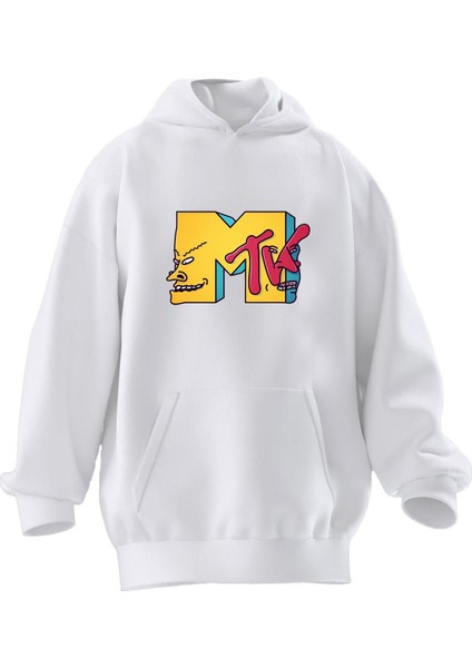Unisex Premium Pamuk Beyaz M Harf Baskılı 3 Iplik Kapüşonlu Sweatshirt