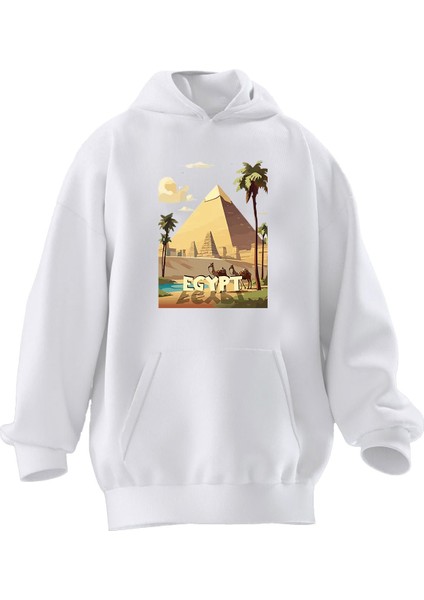 Unisex Premium Pamuk Beyaz Mısır Piramit Baskılı 3 Iplik Kapüşonlu Sweatshirt