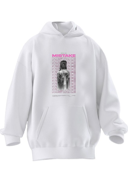 Unisex Premium Pamuk Beyaz Mistake Pink Baskılı 3 Iplik Kapüşonlu Sweatshirt