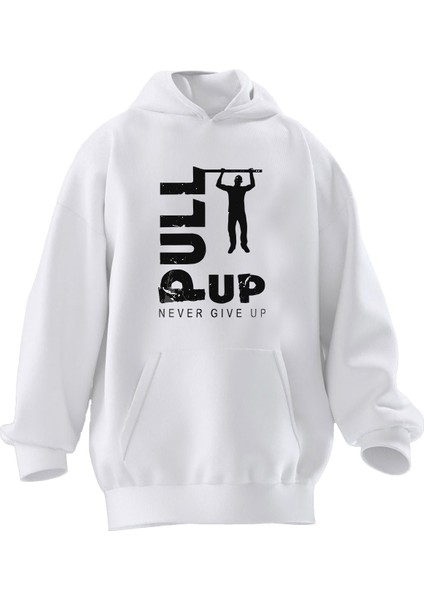 Unisex Premium Pamuk Beyaz Pull Up Baskılı 3 Iplik Kapüşonlu Sweatshirt
