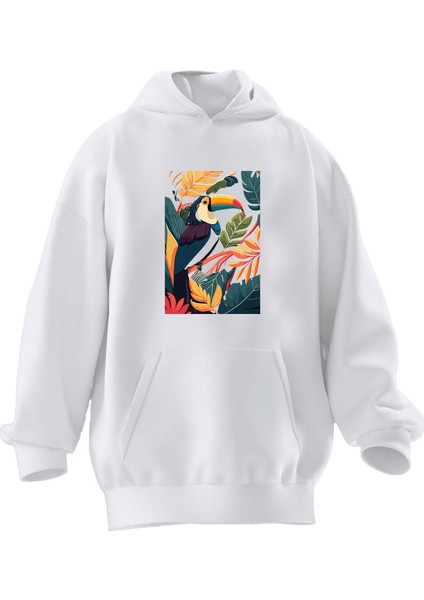 Unisex Premium Pamuk Beyaz Renkli Papağan Baskılı 3 Iplik Kapüşonlu Sweatshirt