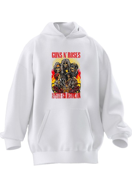 Unisex Premium Pamuk Beyaz Sarı Poster Guns Roses Baskılı 3 Iplik Kapüşonlu Sweatshirt