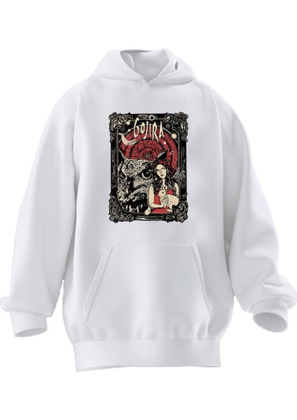 Unisex Premium Pamuk Beyaz Gojira Baykuş Desen Baskılı 3 Iplik Kapüşonlu Sweatshirt
