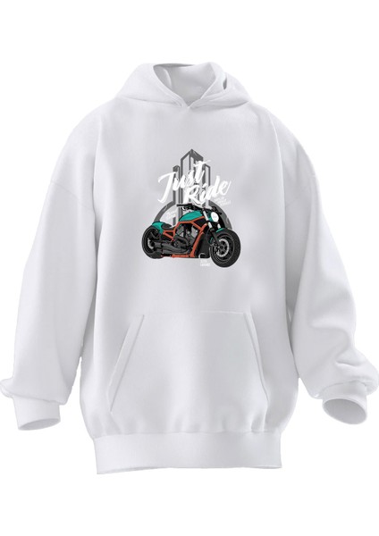 Unisex Premium Pamuk Beyaz Just Ride Motor Baskılı 3 Iplik Kapüşonlu Sweatshirt