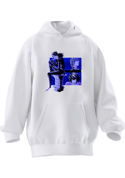 Unisex Premium Pamuk Beyaz Lacivert Anime Desen Baskılı 3 Iplik Kapüşonlu Sweatshirt