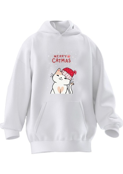 Unisex Premium Pamuk Beyaz Meryy Catmas Baskılı 3 Iplik Kapüşonlu Sweatshirt