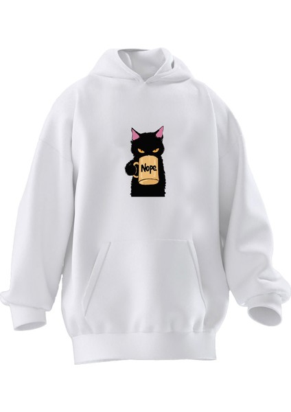 Unisex Premium Pamuk Beyaz Nope Kedi Baskılı 3 Iplik Kapüşonlu Sweatshirt