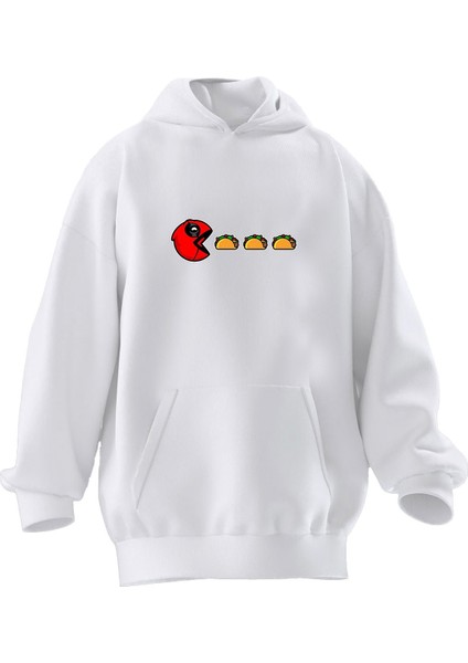 Unisex Premium Pamuk Beyaz Pac Hamburger Baskılı 3 Iplik Kapüşonlu Sweatshirt