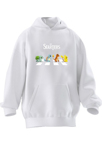 Unisex Premium Pamuk Beyaz Starter Pokemon Baskılı 3 Iplik Kapüşonlu Sweatshirt