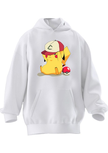 Unisex Premium Pamuk Beyaz Şapkalı Pikachu Baskılı 3 Iplik Kapüşonlu Sweatshirt