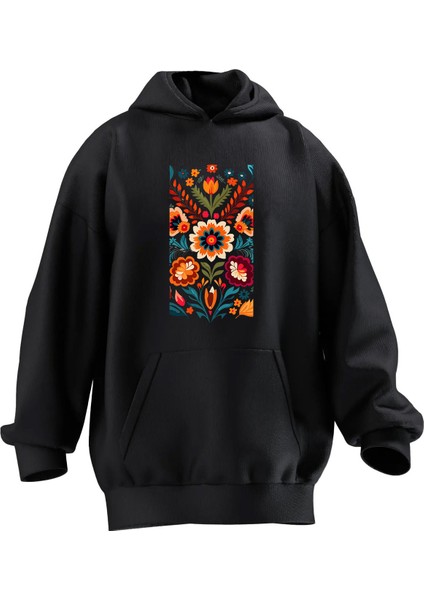 Unisex Premium Pamuk Siyah Çiçek Halı Deseni Baskılı 3 Iplik Kapüşonlu Sweatshirt