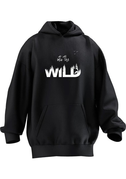 Unisex Premium Pamuk Siyah Into Wild Baskılı 3 Iplik Kapüşonlu Sweatshirt