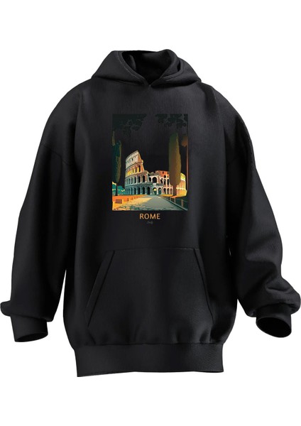 Unisex Premium Pamuk Siyah Rome Poster Baskılı 3 Iplik Kapüşonlu Sweatshirt