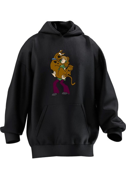 Unisex Premium Pamuk Siyah Scoobydoo Arkadaş Baskılı 3 Iplik Kapüşonlu Sweatshirt