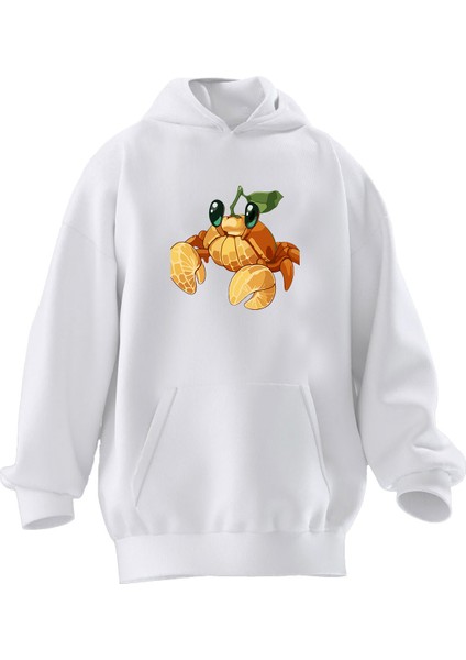 Unisex Premium Pamuk Beyaz Mandalina Yengeç Baskılı 3 Iplik Kapüşonlu Sweatshirt