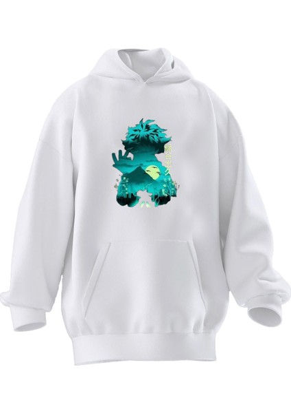 Unisex Premium Pamuk Beyaz Mavi Anime Baskılı 3 Iplik Kapüşonlu Sweatshirt