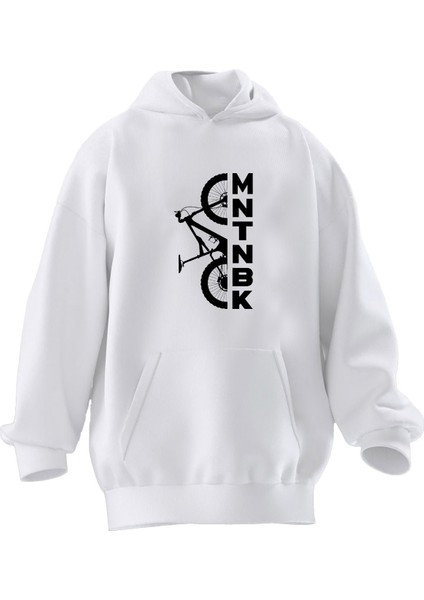 Unisex Premium Pamuk Beyaz Mntbnk Bisiklet Baskılı 3 Iplik Kapüşonlu Sweatshirt