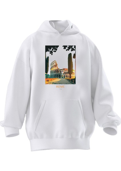 Unisex Premium Pamuk Beyaz Rome Poster Baskılı 3 Iplik Kapüşonlu Sweatshirt