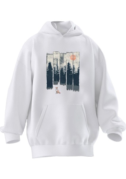 Unisex Premium Pamuk Beyaz Tabela Çam Baskılı 3 Iplik Kapüşonlu Sweatshirt