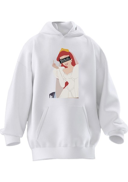 Unisex Premium Pamuk Beyaz Taçlı Prenses Baskılı 3 Iplik Kapüşonlu Sweatshirt