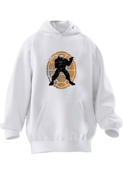 Unisex Premium Pamuk Beyaz Turuncu Kalkan Ninja Baskılı 3 Iplik Kapüşonlu Sweatshirt