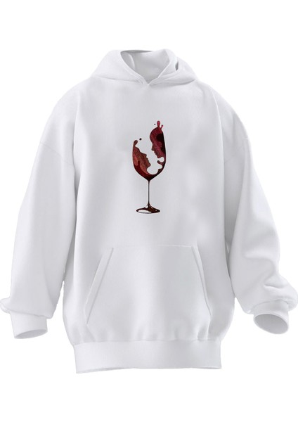 Unisex Premium Pamuk Beyaz Şarap Kırmızı Baskılı 3 Iplik Kapüşonlu Sweatshirt