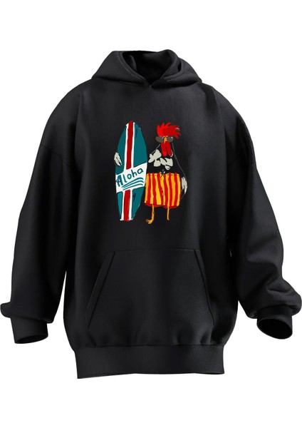 Unisex Premium Pamuk Siyah Aloha Horoz Tatil Baskılı 3 Iplik Kapüşonlu Sweatshirt