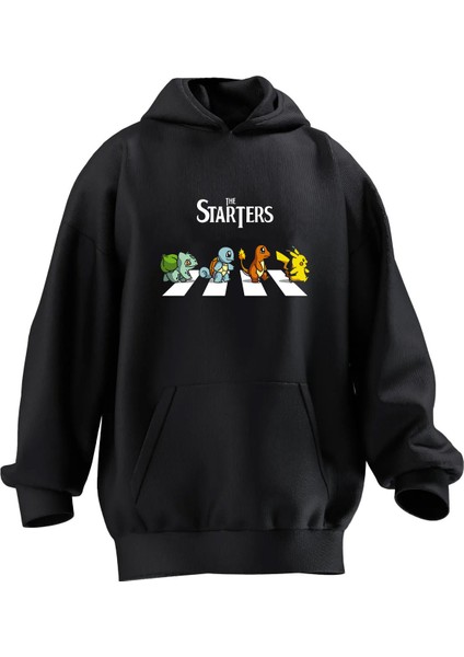 Unisex Premium Pamuk Siyah Starter Pokemon Baskılı 3 Iplik Kapüşonlu Sweatshirt