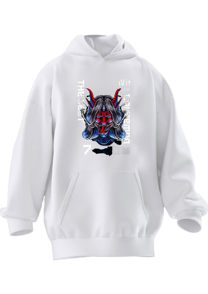 Unisex Premium Pamuk Beyaz Angry Red Oni Mask Baskılı 3 Iplik Kapüşonlu Sweatshirt