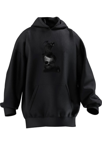 Unisex Premium Pamuk Siyah Yarasa Kedi Kurukafa Baskılı 3 Iplik Kapüşonlu Sweatshirt