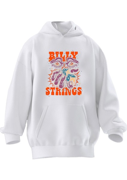 Unisex Premium Pamuk Beyaz Billy String Baskılı 3 Iplik Kapüşonlu Sweatshirt