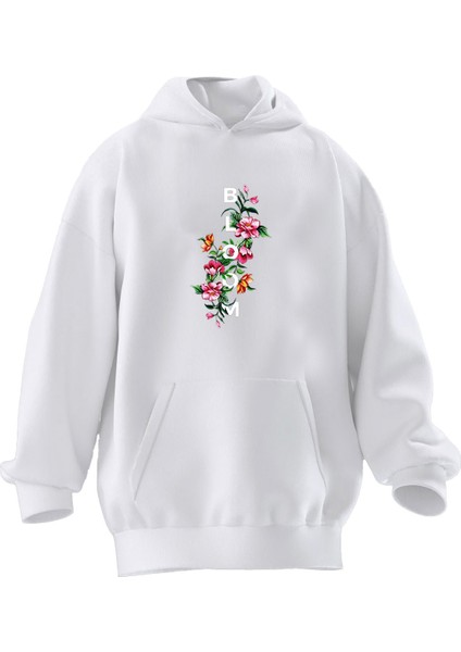 Unisex Premium Pamuk Beyaz Bloom Baskılı 3 Iplik Kapüşonlu Sweatshirt