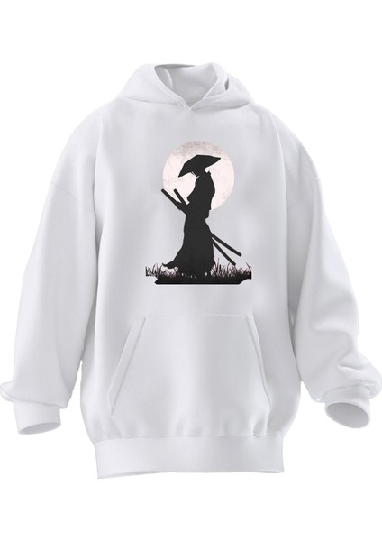 Unisex Premium Pamuk Beyaz Japon Samuray Anime Baskılı 3 Iplik Kapüşonlu Sweatshirt