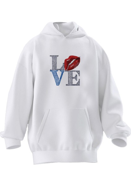 Unisex Premium Pamuk Beyaz Love Dudak Baskılı 3 Iplik Kapüşonlu Sweatshirt