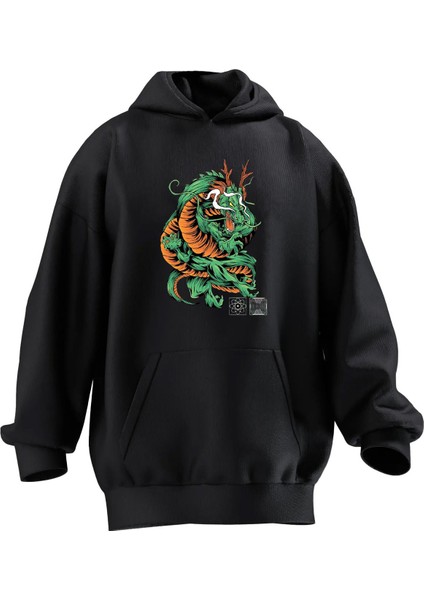Unisex Premium Pamuk Siyah Angry Japanese Dragon Baskılı 3 Iplik Kapüşonlu Sweatshirt