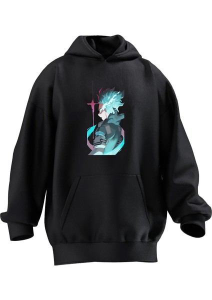Unisex Premium Pamuk Siyah Anime Erkek Elektirk Baskılı 3 Iplik Kapüşonlu Sweatshirt